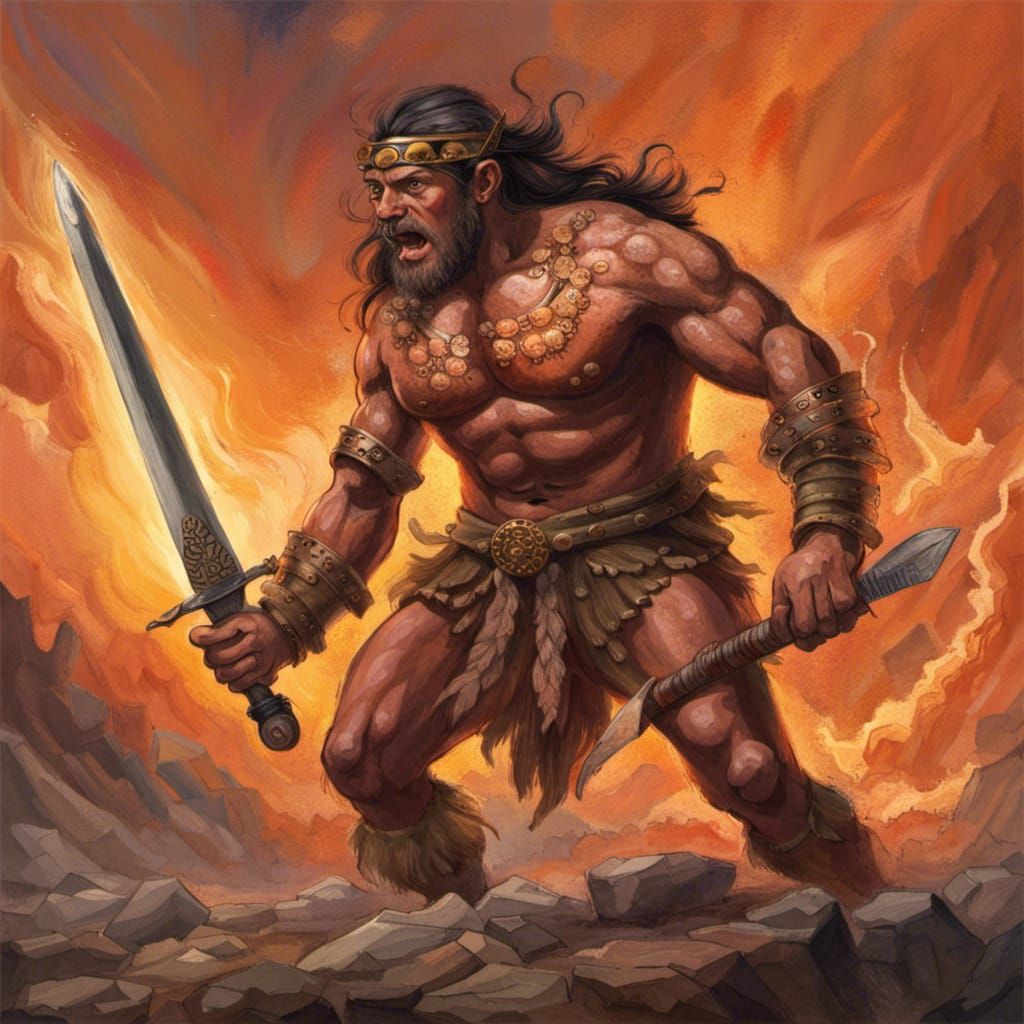 Stone-Age warrior holding the flaming sword.