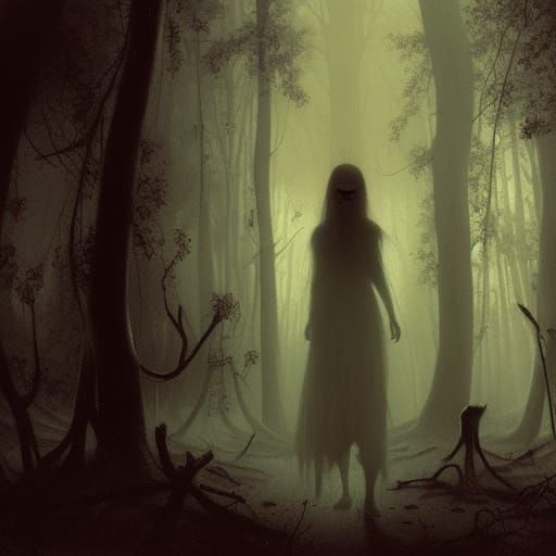 goth girl, perfect face, walking through a creepy forest