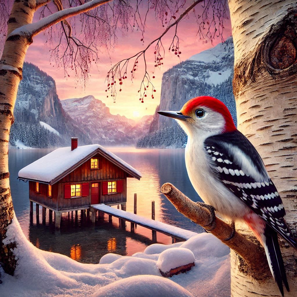 Red Headed Woodpecker in Birch Tree