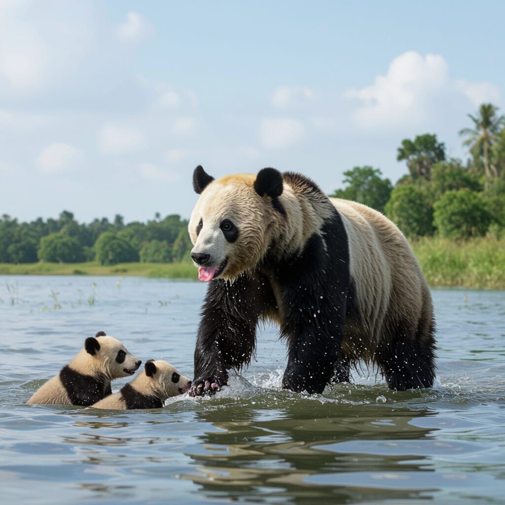 Baby Panda Bears Playing in Water