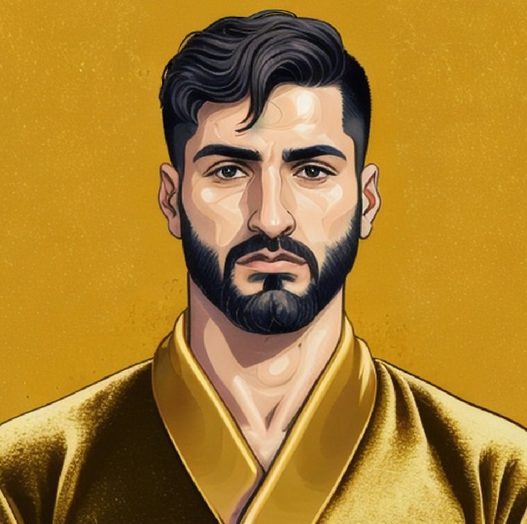 A handsome man with   black  hair and beard wearing a     go...