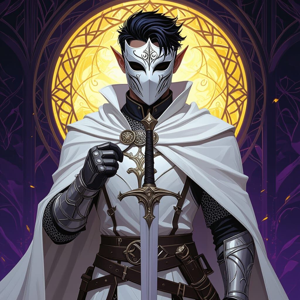 An elf paladin 5'9 tall, short black hair with highlights of white. he is a paladin, wearing a robe and a chainmail armor under, he uses a rapier