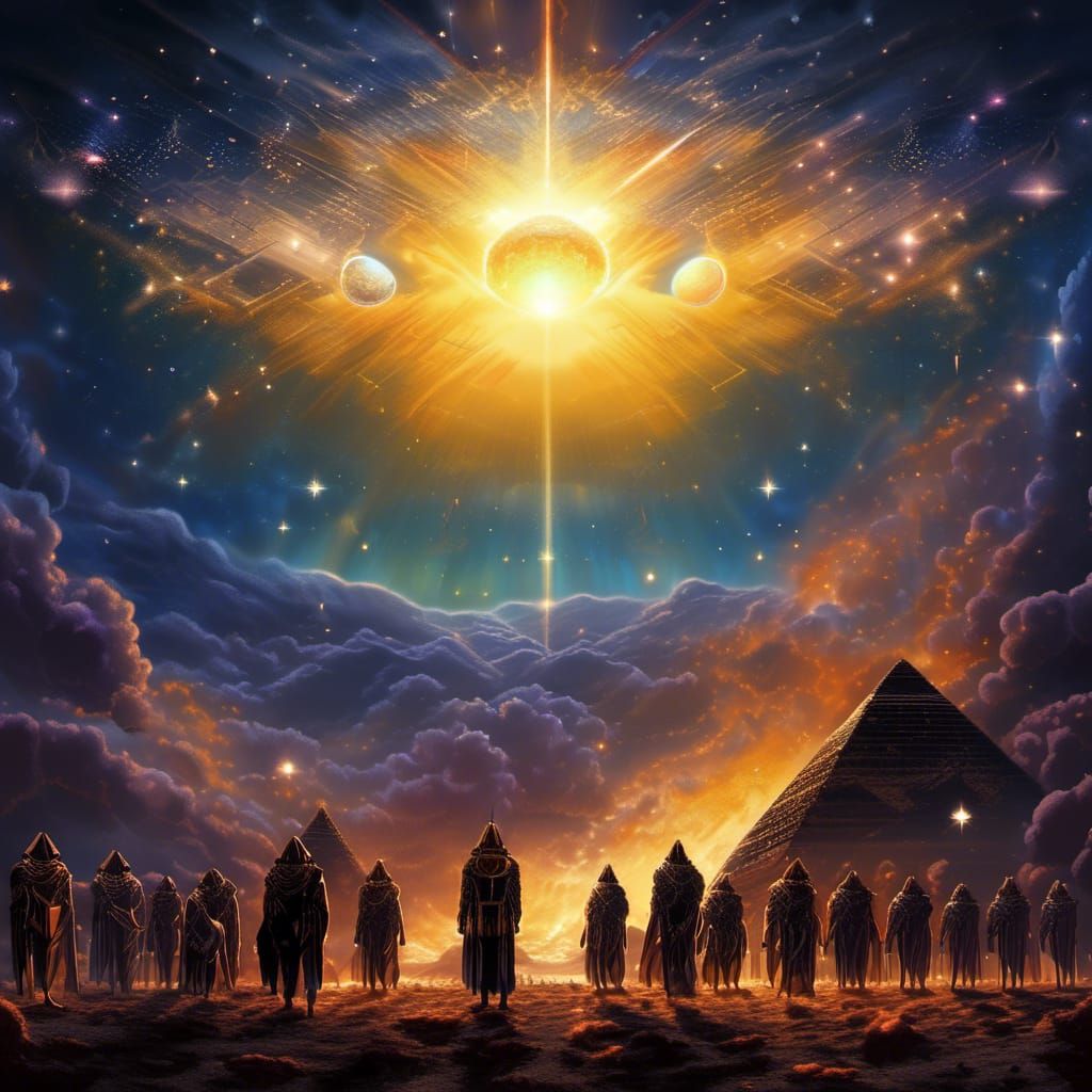 Deep yellow glow polished black sided pyramid glowing evening sky with lens flares on stars and lens flares on constellations of stars halo’...