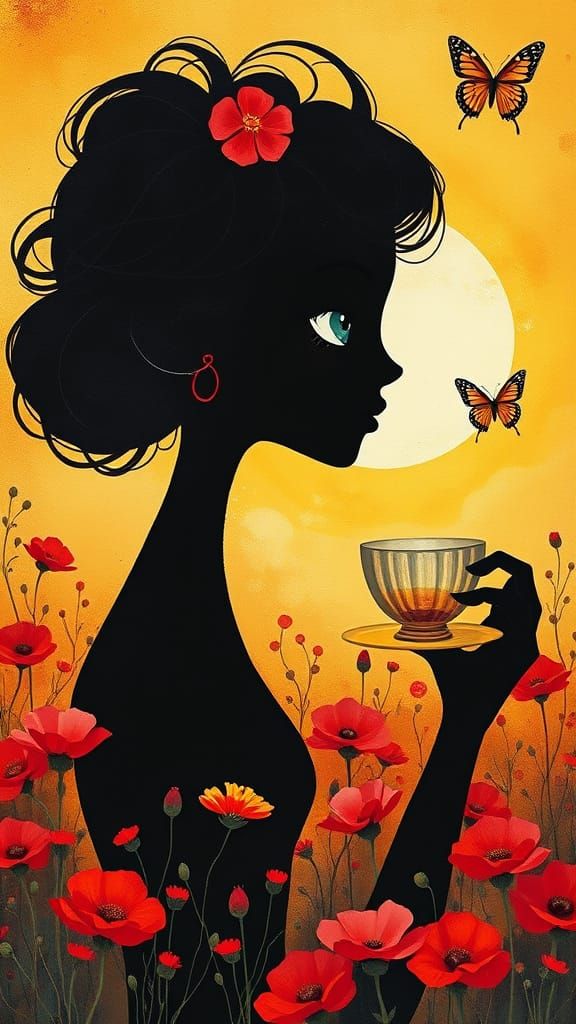 A whimsical black silhouette of a beautiful pfemale figurine in a red flower meadow, 
Enlarged head with ...  by @LudwichKoch