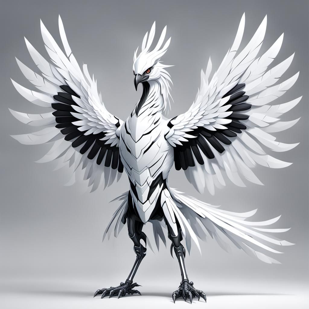 a giant white cyber Phoenix made of metal, its beak is black, its mid ...