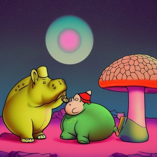 Happy Gnome and fat hippo drinking magic tea in psychedelic ...