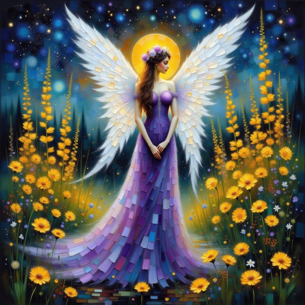 Angel Among Flowers Under Starry Night Sky