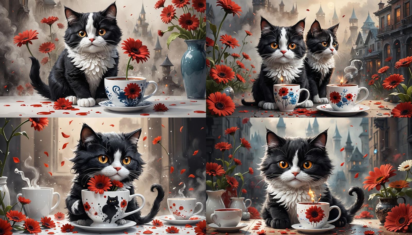 Pixar style cute black-white cat, with cup,red gerberas flow...