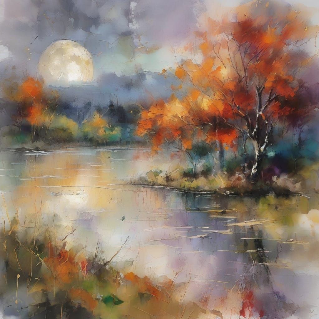 Impressionist Trees Reflecting on Lake Under Luminous Moon