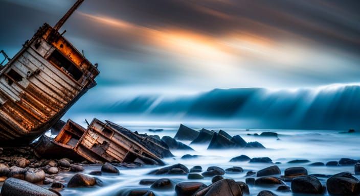 Shipwrecks on a rocky shoreline