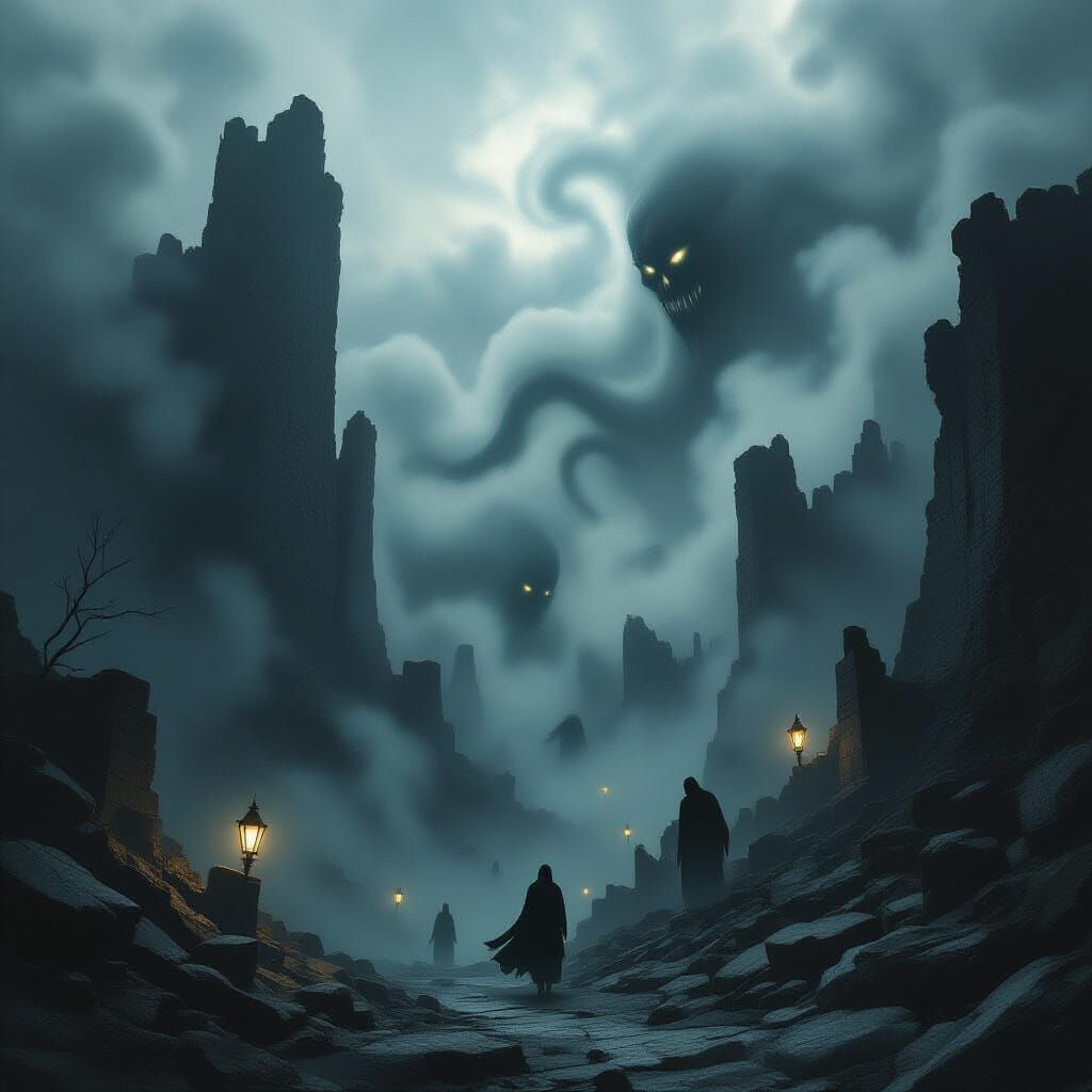 A haunting nightmare world with jagged cliffs, swirling black fog, and shadowy monsters creeping among ...  by @doljeonggie04