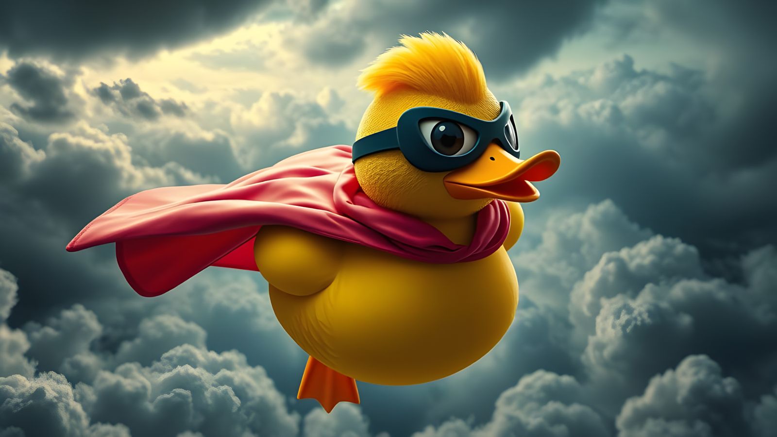 A Rubber Duck Superhero wearing a Cape and Eye Mask Flying Through The Sky.  by @Mia