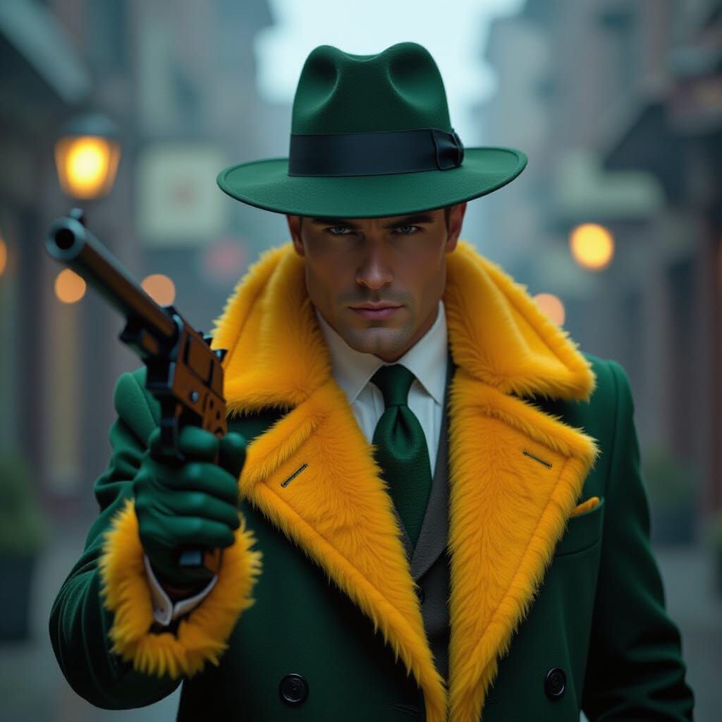 Man wearing dark green fedora-style hat and a matching dark green coat with yellow fur trim holding Tommy gun