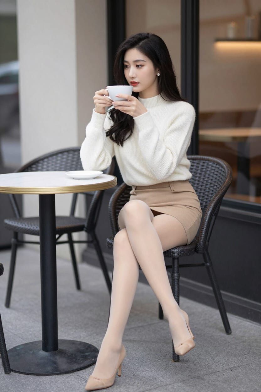 Asian Woman Enjoys Coffee at Streetside Cafe in Winter