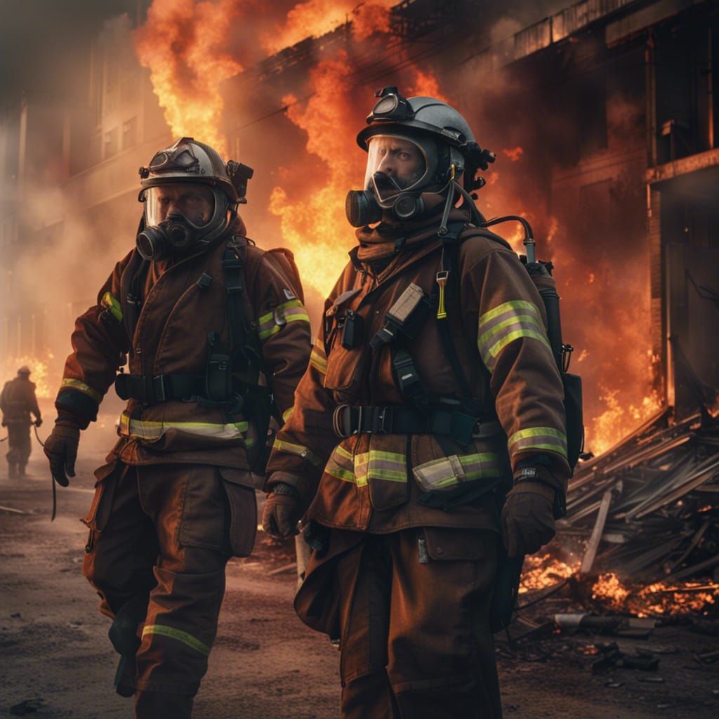 the brave faces of firefighters in fighting the flames against the background of a burning building. ...  by @Andrilim99