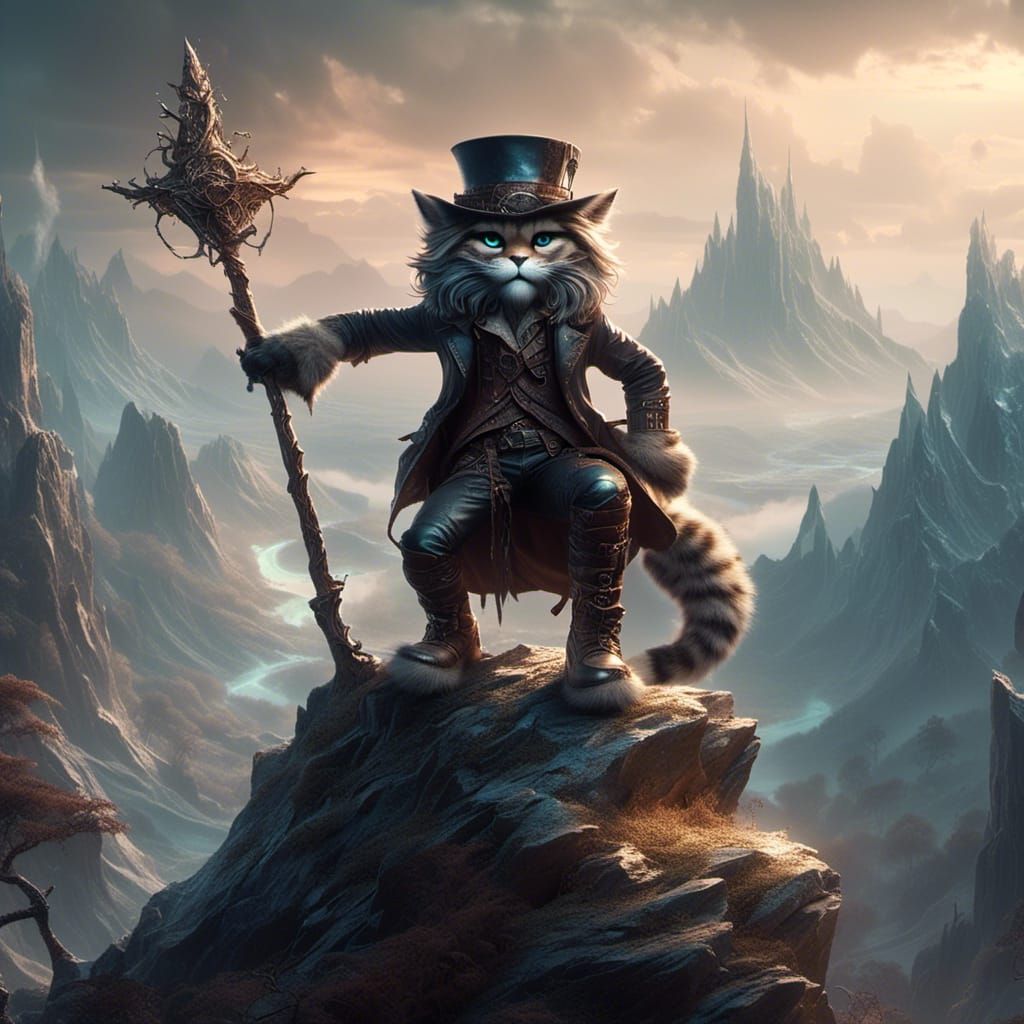  <lora:Goth Felines:1.0> A wizard with a long staff standing on a mountain peak