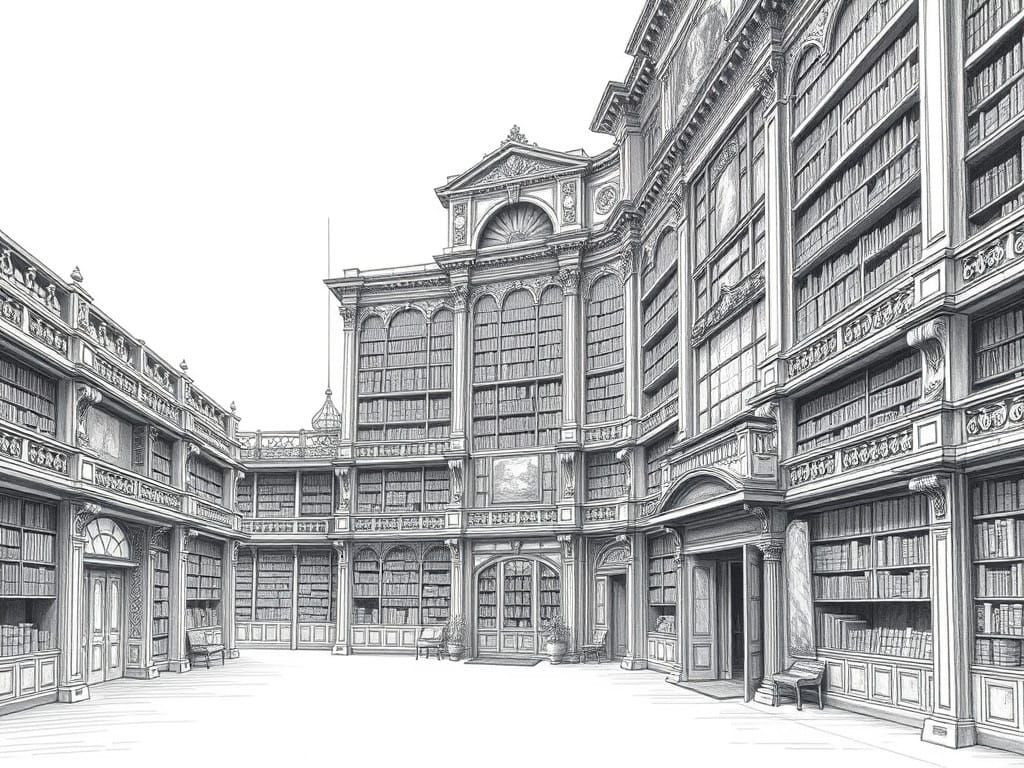 Majestic Pencil Drawing of an Ornate Library - AI Art