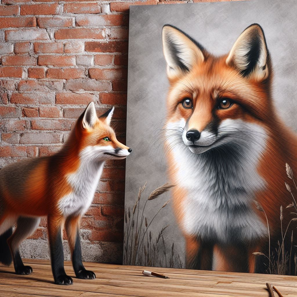 A fox stands next to a wall mural of itself