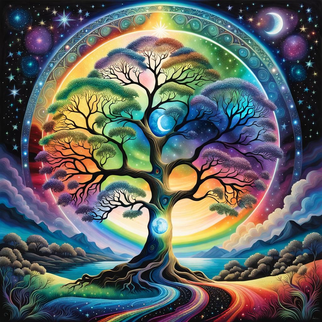 Intricately detailed, bioluminescent rainbow glittering witc...