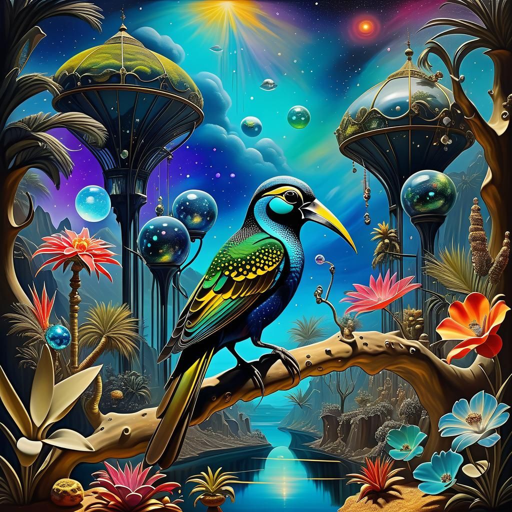 bejeweled galactic oasis tropical bird aviary cosmic nebula Salvador Dali  by @The Beauty of Nature