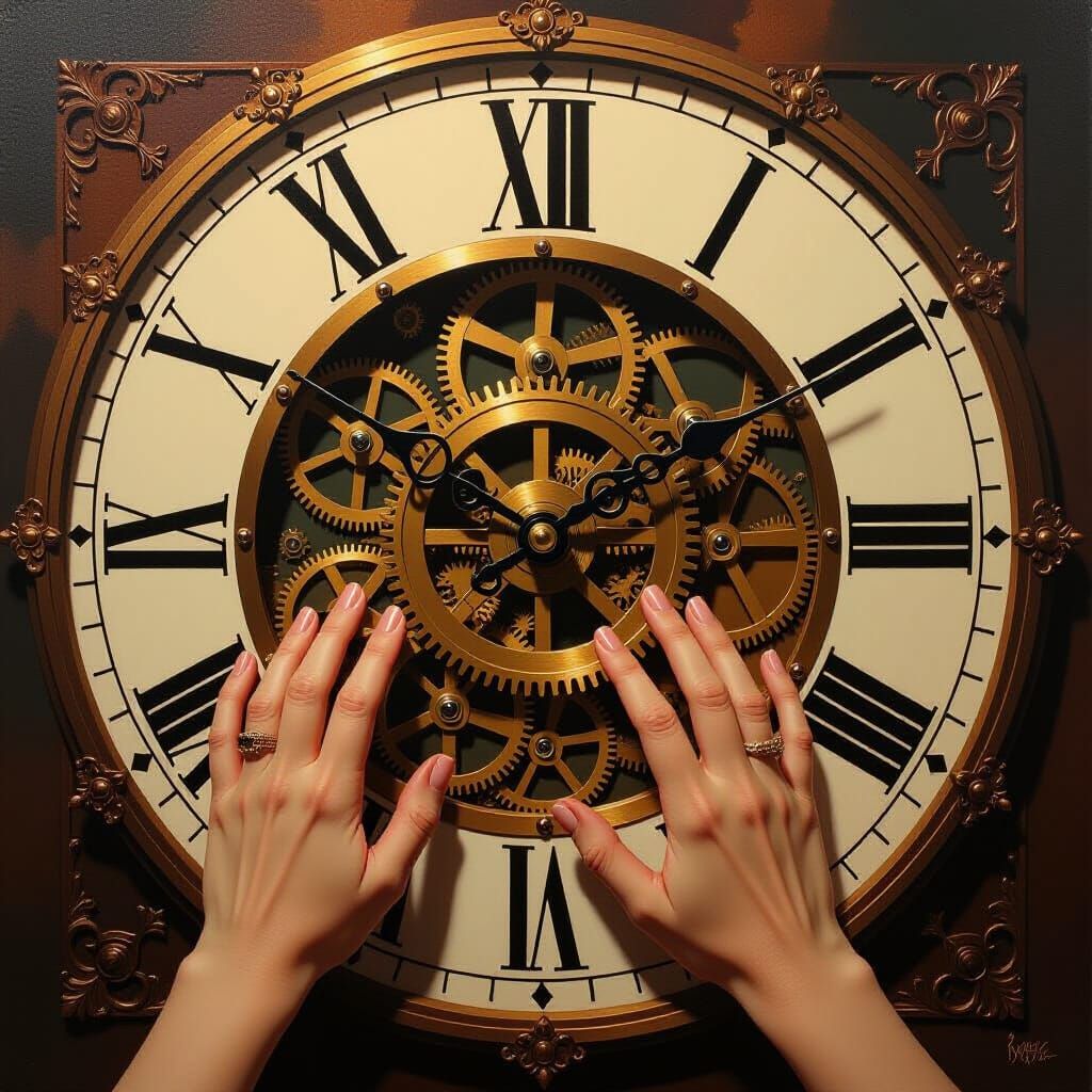 Surreal Clockwork Manipulation in Oil Painting Style