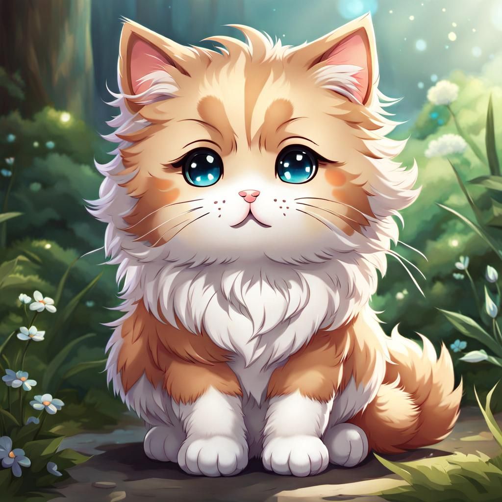 Beautiful fluffy chibi cat, art by anime