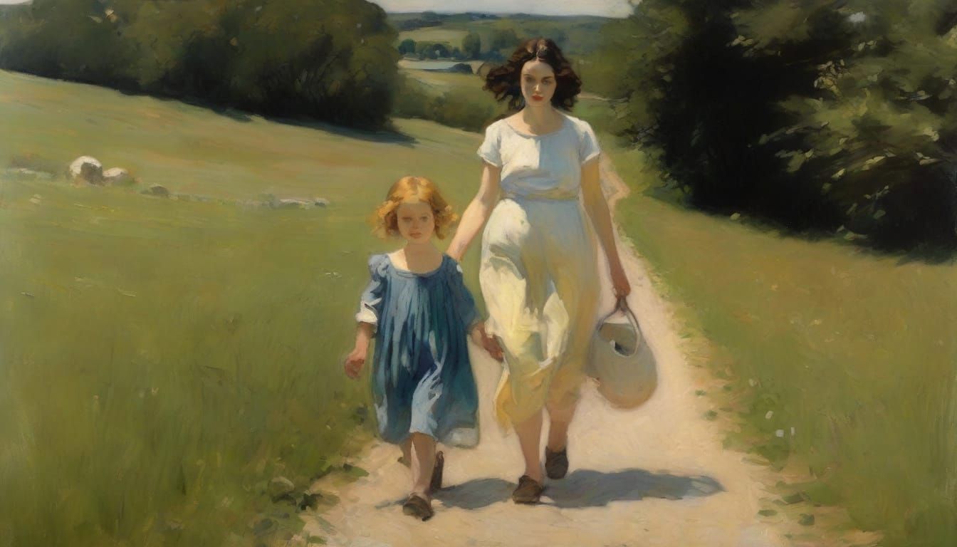 Mother and Children on Country Lane in Artistic Style