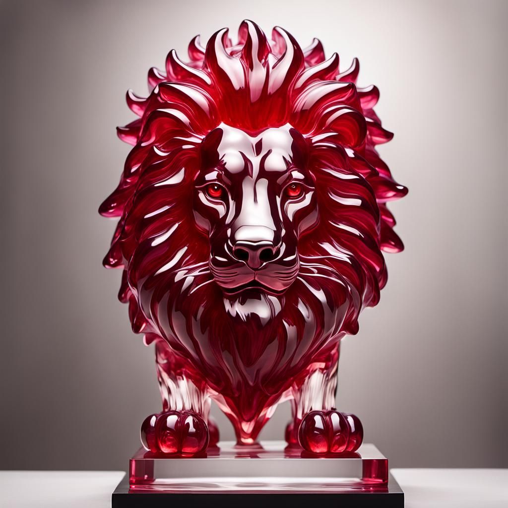 "A highly detailed sculpture of a lion made entirely of raspberry jelly. The lion is in a regal pose, ...  by @MK Thunderstone