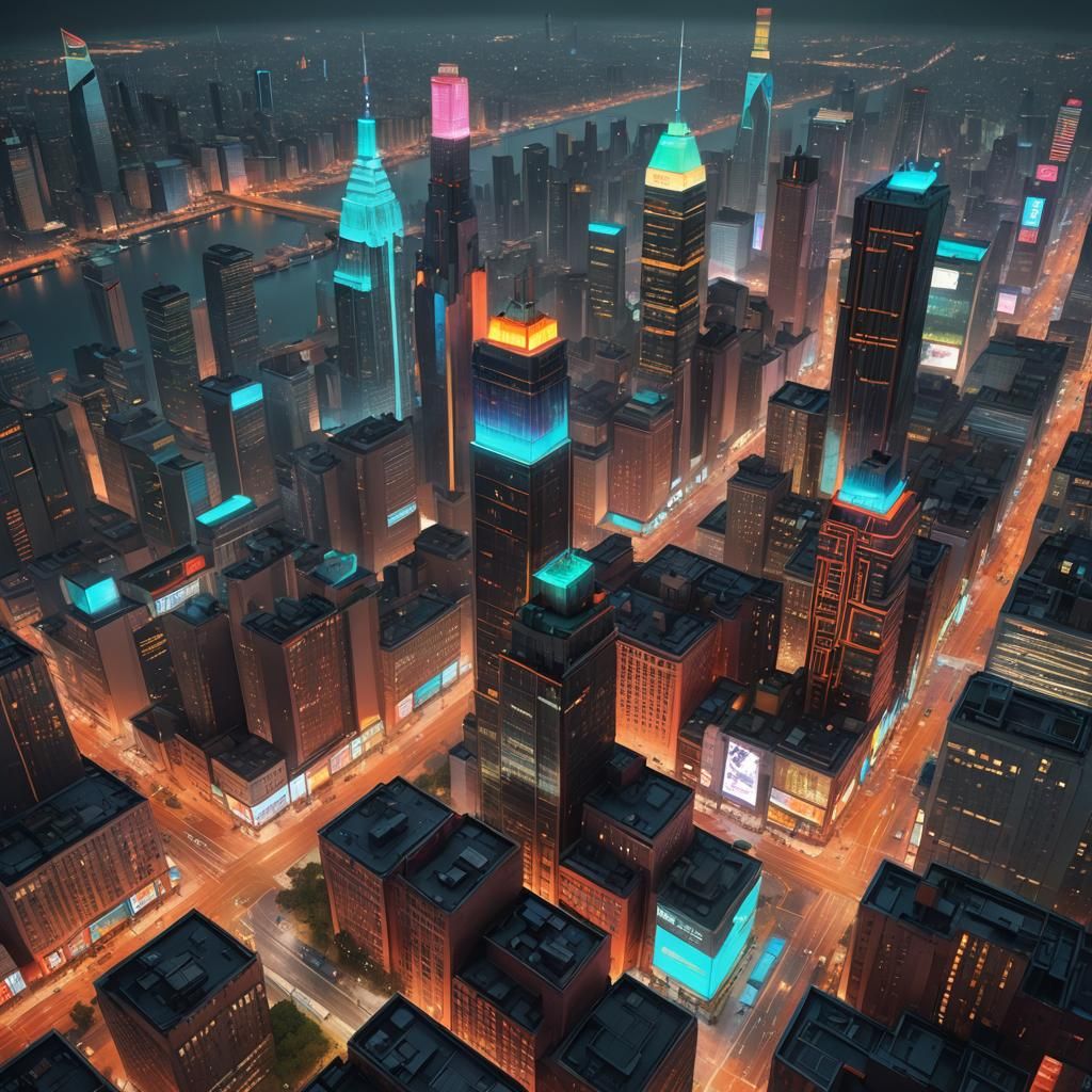 multi colored bright neon skyscraper buildings stormy sky an...