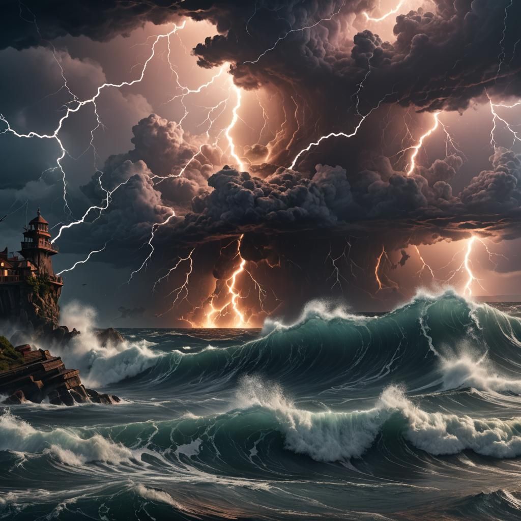 A lightning storm over a raging ocean.