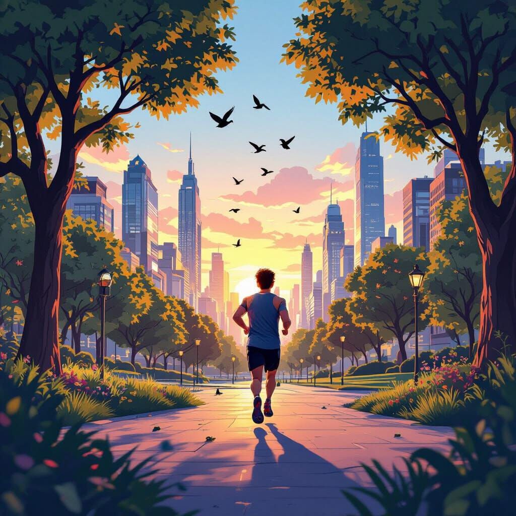 A 3D illustration of a young man jogging in a city park at sunrise, surrounded by trees, birds flying in the sky, and modern buildings in th...
