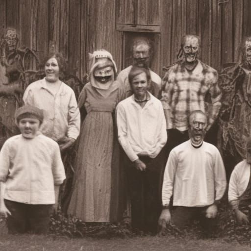 Group photo of dead people Infront of barn, distorted faces,...