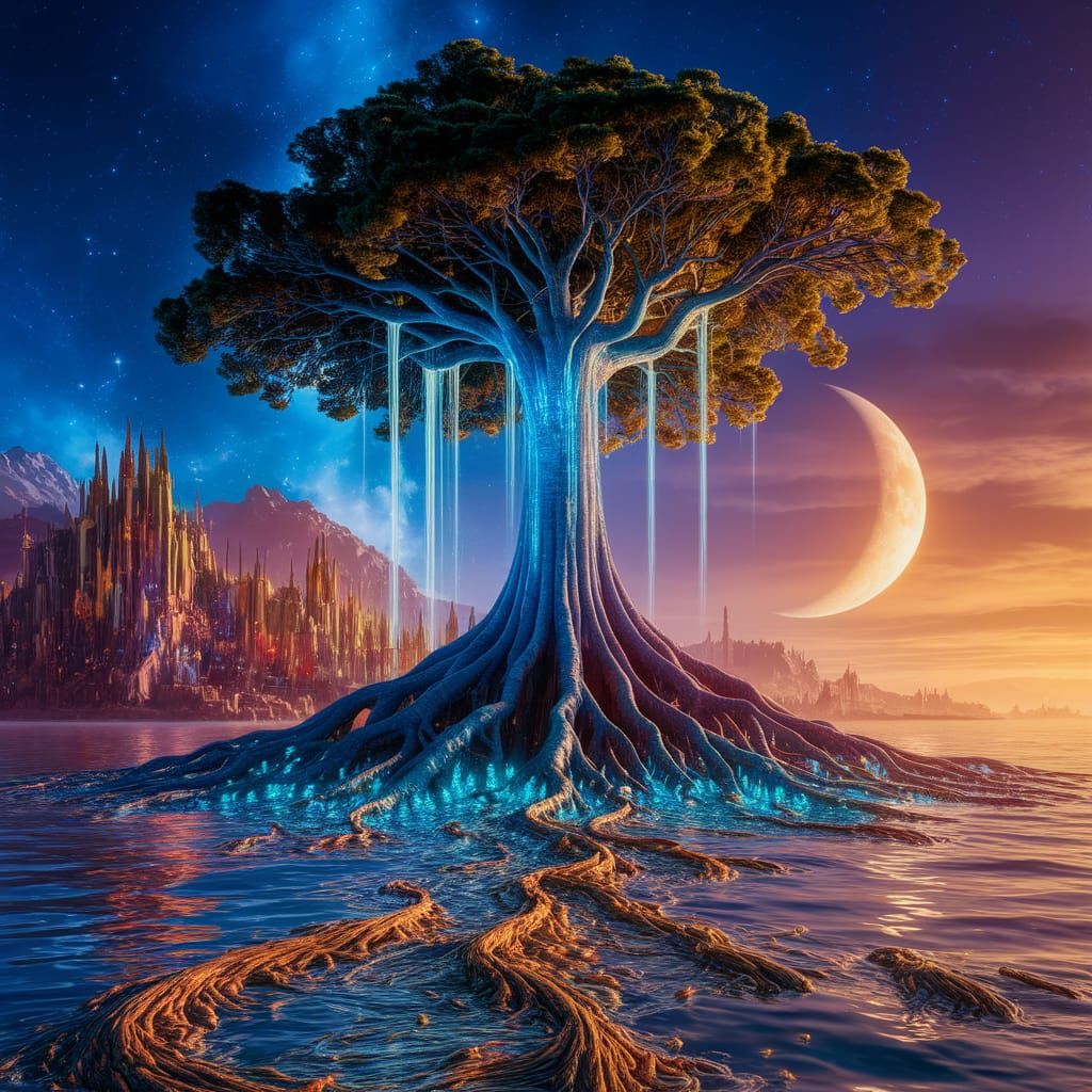 "Eywa tree from the movie Avatar with cityscape, moon,stars, ocean in the background" in the style of ...  by @Muse