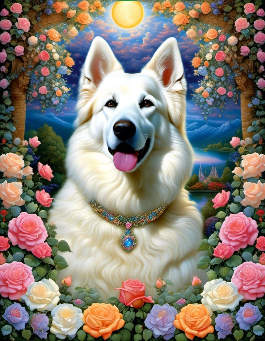 Absolutely stunning, elegant white shepherd dog amid multi-hued blooms of a rose garden, digitally enhanced, dazzling flower garden, hyperre...