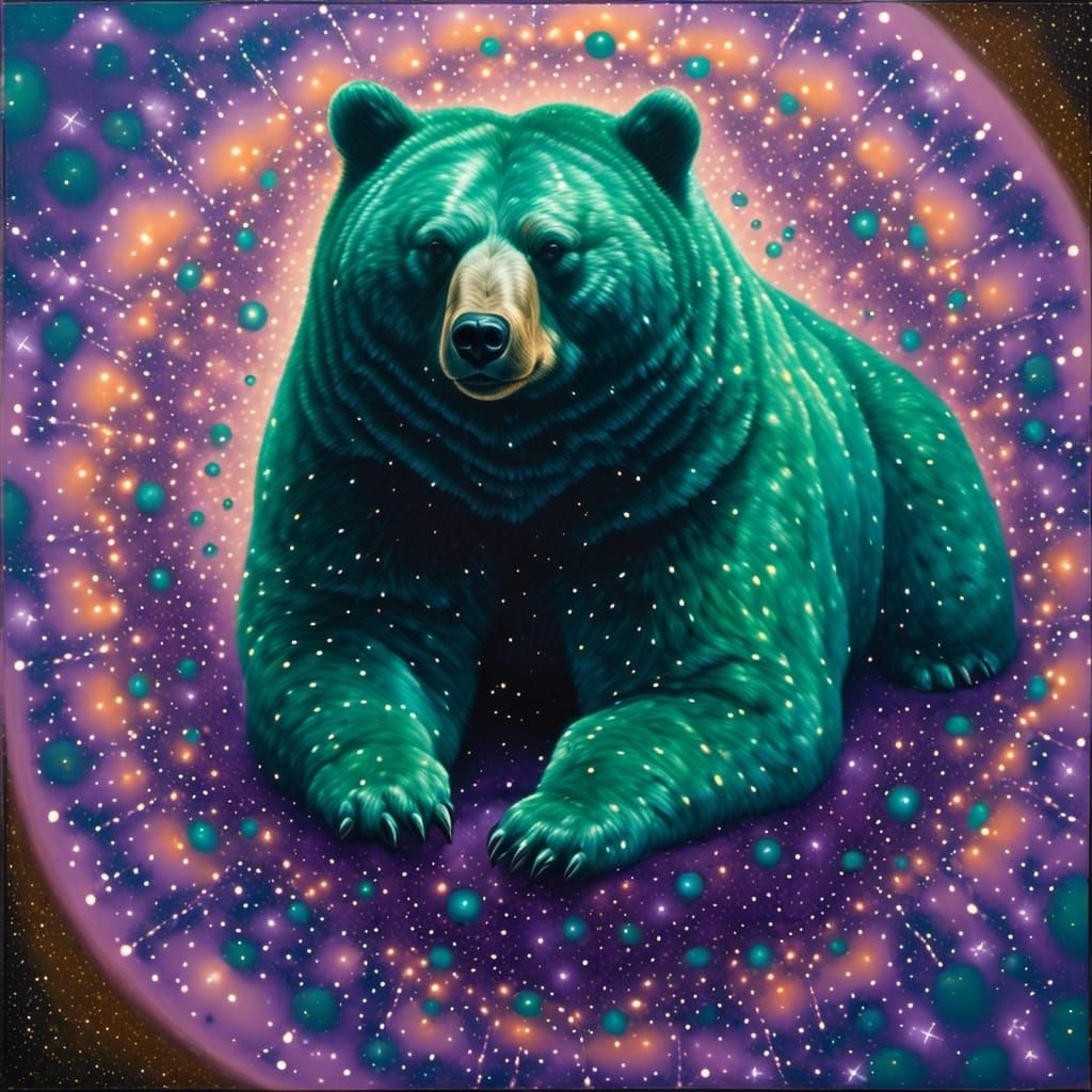 Telephotograph Microportrait: Obese Happy Space Bear Cub, floating in space, emerald amethyst opalescent:- <lora:BearZFX-V2:1.0> 