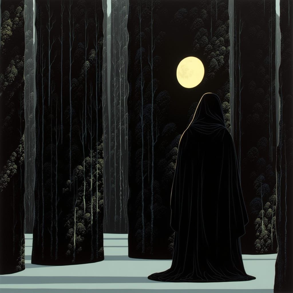 <lora:Eyvind Earle:1.0> We are dressed in all black long robed hooded and are inside a giant sealed black box a sophisticated library of bla...