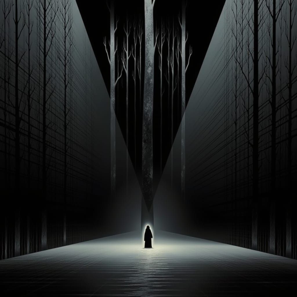 <lora:Eyvind Earle:1.0> We are dressed in all black long robed hooded and are inside a giant sealed black box a sophisticated library of bla...