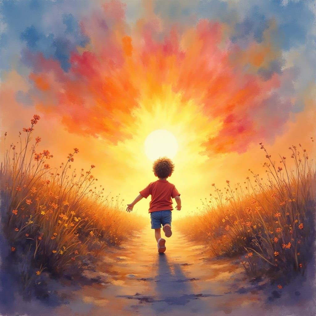  joyful small boy running toward the sunset ethereal 
