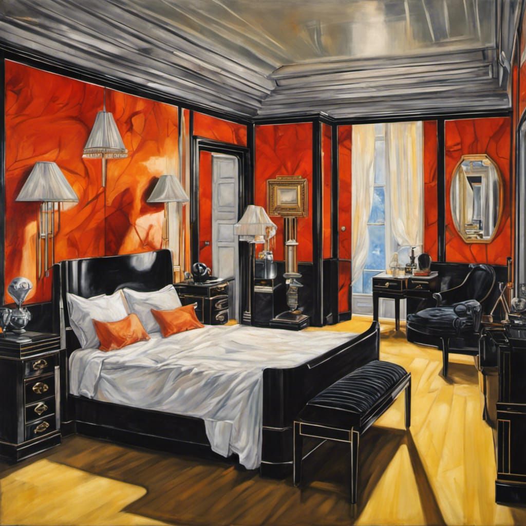 An oil painting of an Art Deco style bed room in the style o...