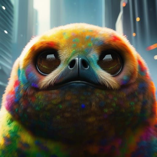 Cute Sloth in Neon Cityscape, Digital Art