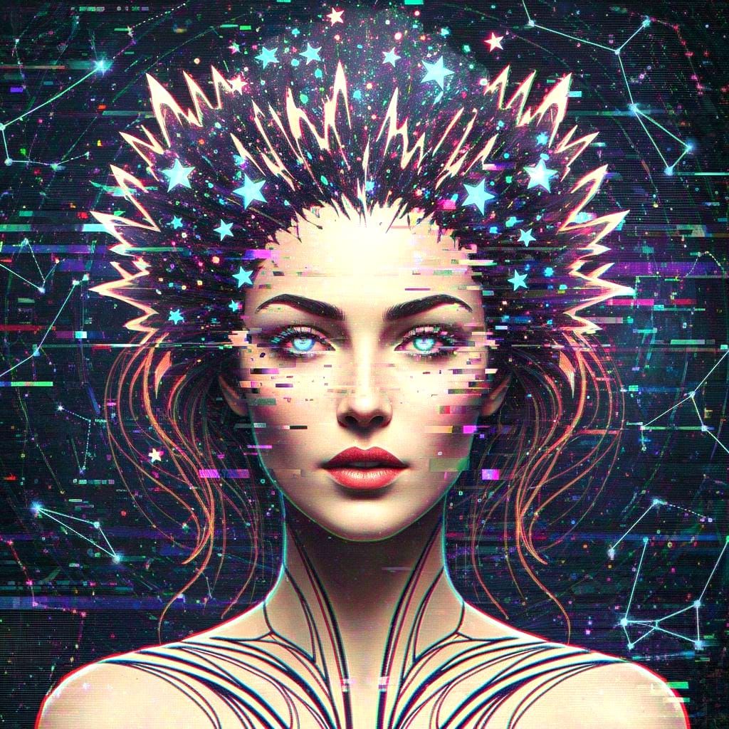  A portrait of a bioluminescent woman, her face distorted by digital glitches and chromatic aberrations. Her mane of starlight is fragmented...