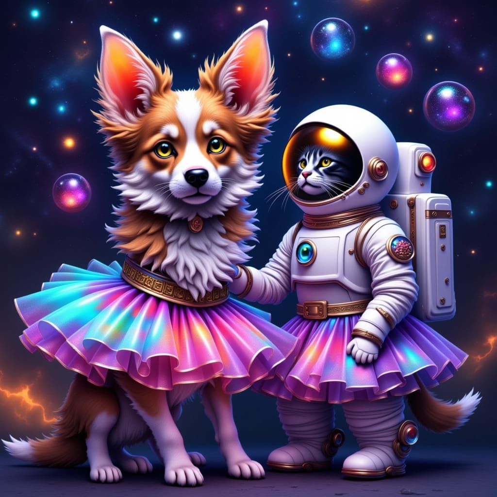 <lora:My pets:1.0> dog wearing cosmic tutu next to astronaut cat