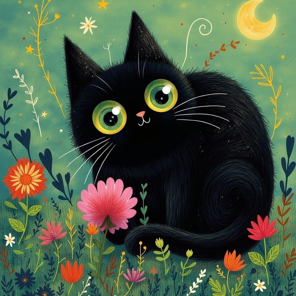 <lora:GATOS:1.0> a giant black cat sitting on a tiny flower, children's illustration, in the style of Leandro Francisca