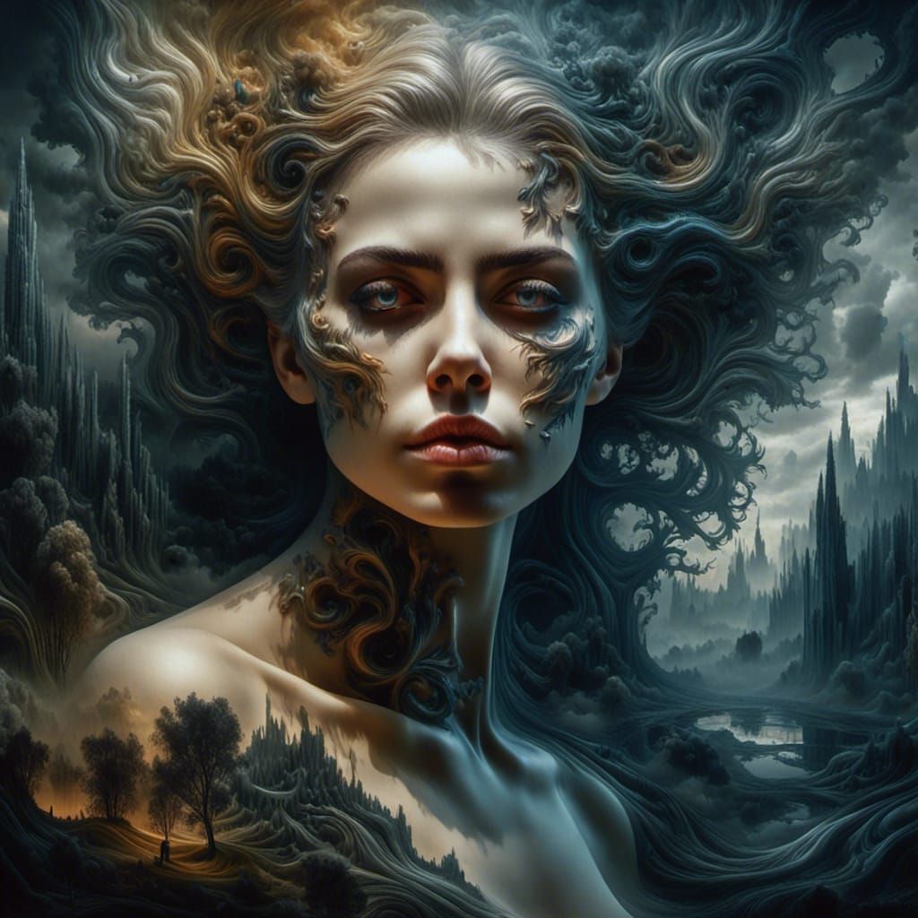 <lora:Halluciscape:1.0>  a hyperrealistic image of a attractive woman in the style of Simon Bisley with a sinister mood and a more sinister...