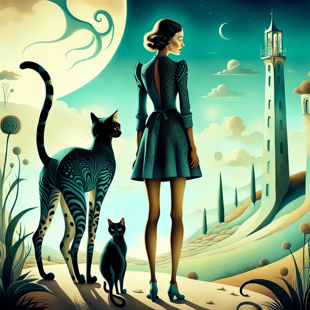 Surreal Woman with Cat in Dreamlike Landscape