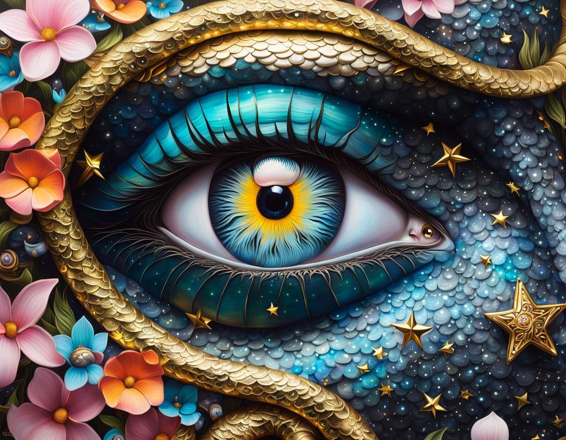 insanely detailed flower snake wrapped around a branch,  det...