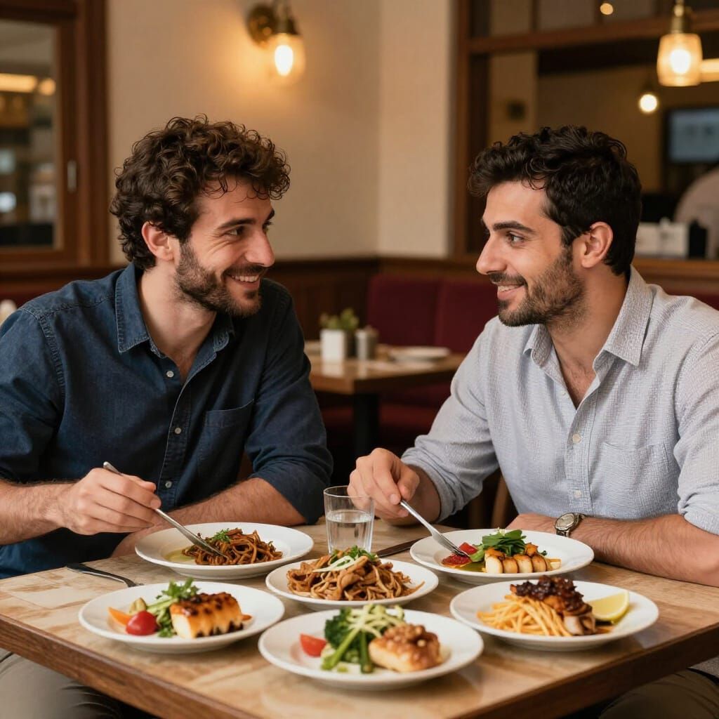 Siblings Enjoy Meal in Warm, Vibrant Restaurant