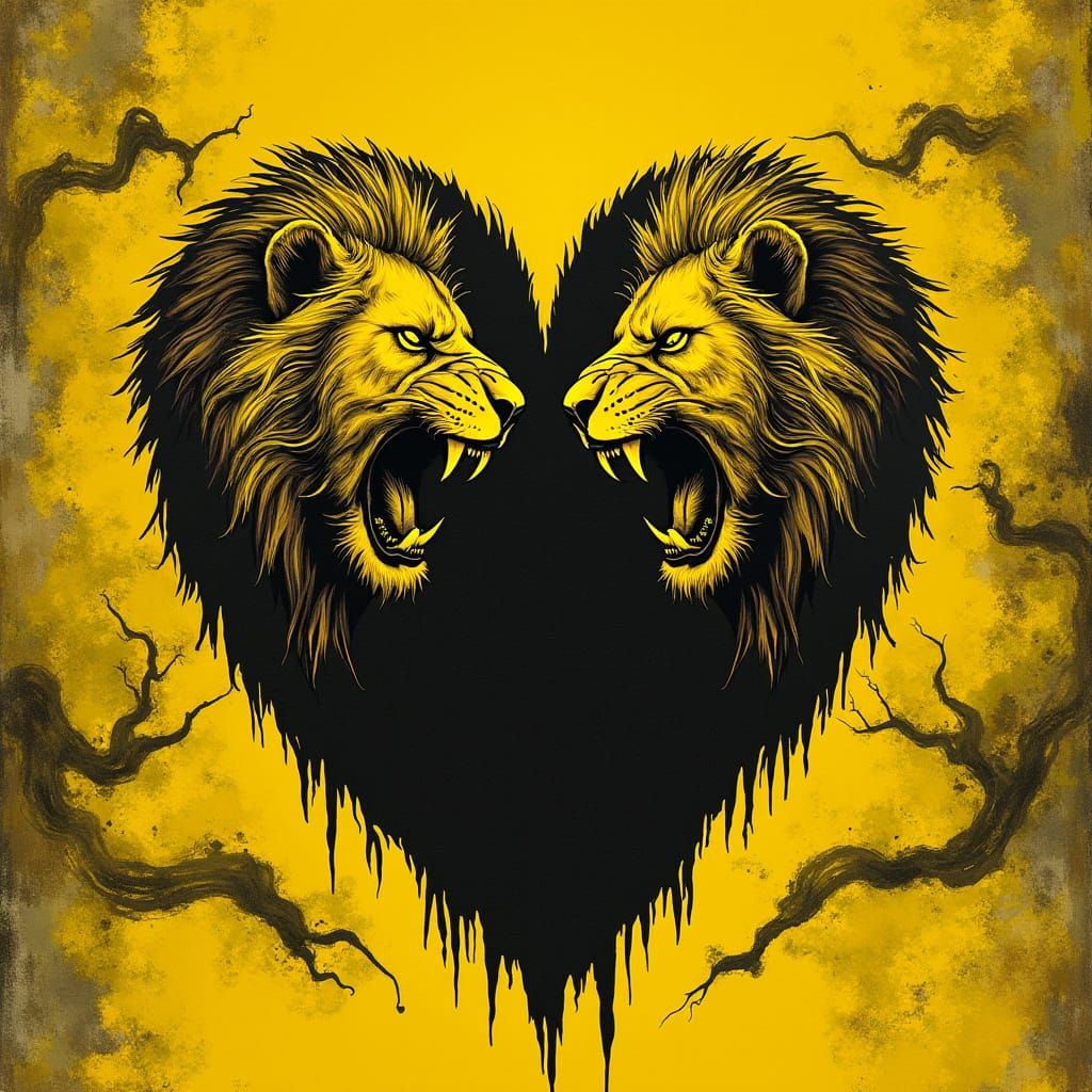 Yellow and Black Heart with Roaring Lions