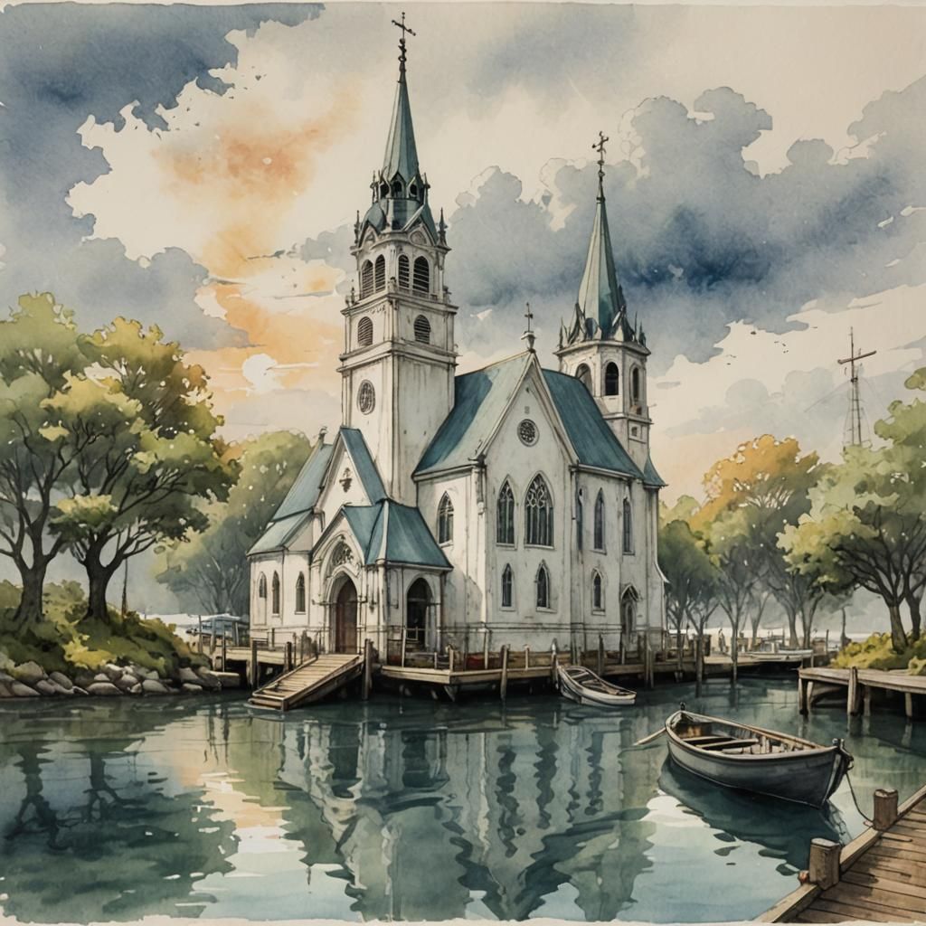 church on a boat, concept art, pencil and watercolor