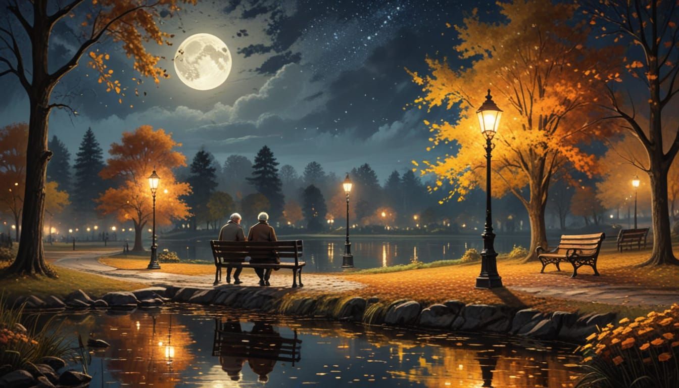 Brush Painting of Old Couple Walking in park by pond during Autumn at Night  by @JaxkHatter